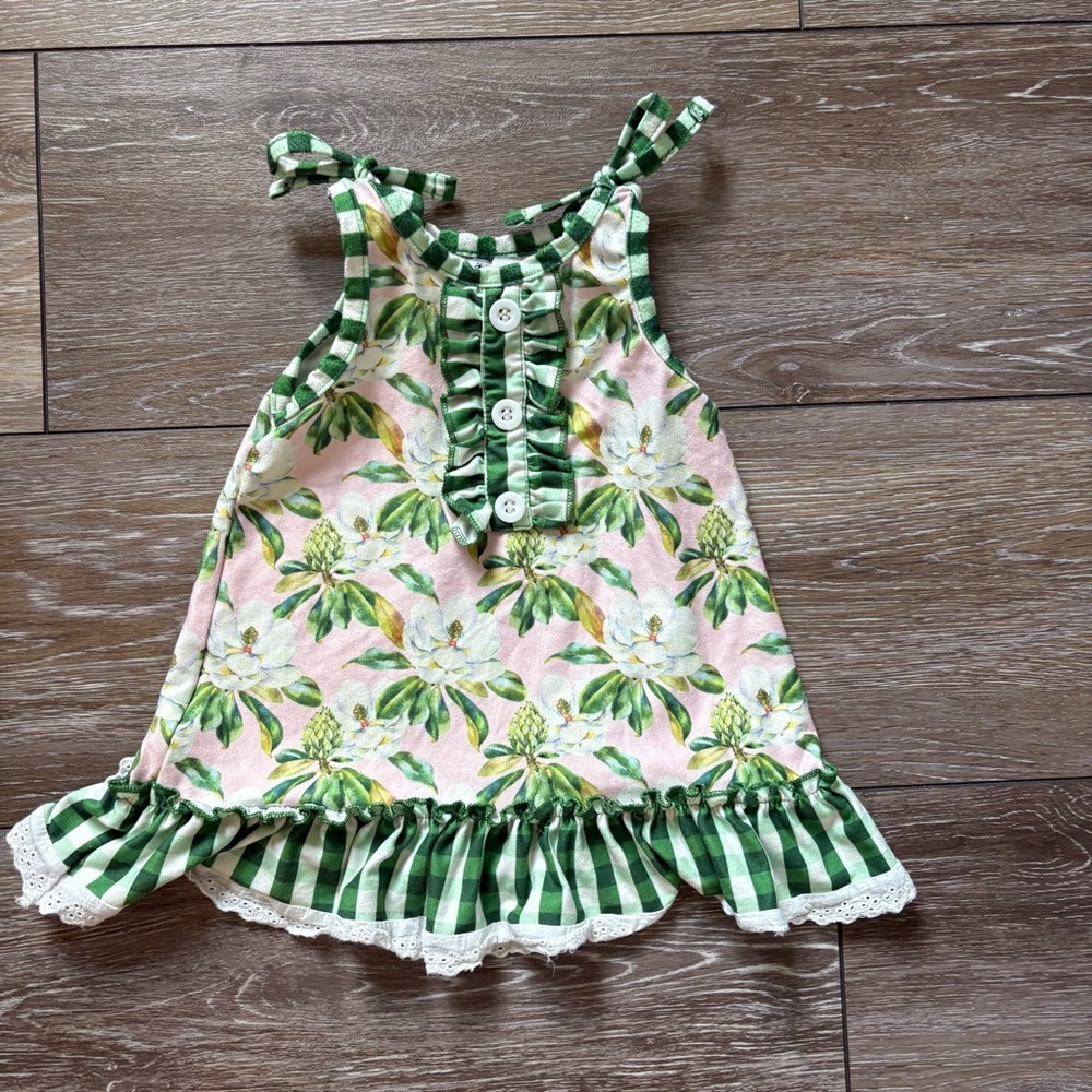 Sugar Pink Floral Dress with Green Gingham Trim‎
